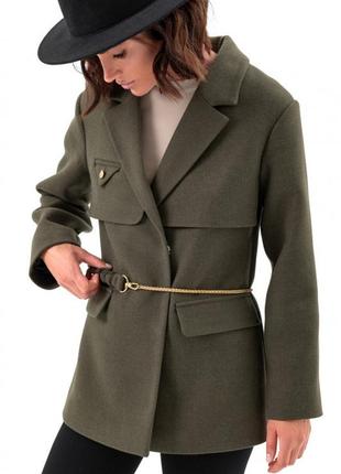 Пальто - пиджак женское шерстяное демисезонное, осеннее весеннее, деми, дизайнерское, хаки