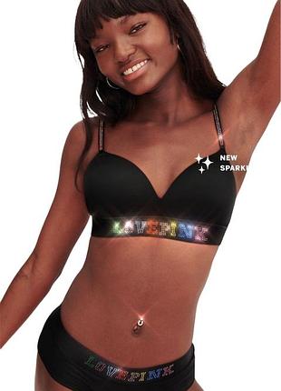Комплект белья pink victoria’s secret wireless shine push-up bra love со стразами 75b черный