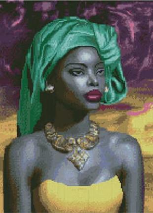 Алмазная картина африканка в зеленой платке strateg размером 40х50 см. l-229