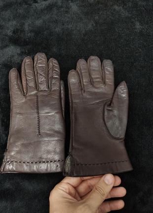 Шкіряні коричневі жіночі зимові рукавиці з натуральним хутром р. m
