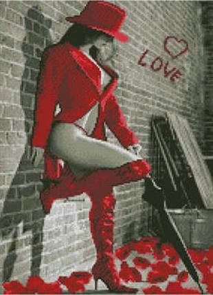 Алмазна картина дівчина в червоному strateg розміром 40х50 см l-2071 фото