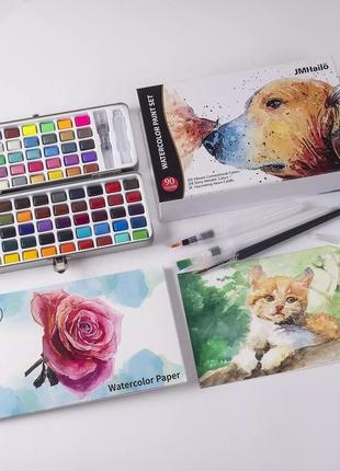 Набор акварельных красок для рисования professional paint set 90 цветов в наборе акварельная бумага и кисточки4 фото