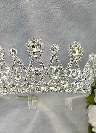 Диадема свадебная высокая с кристаллами сваровски, корона серебристая