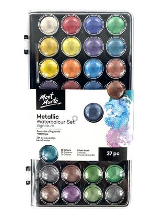 Набор акварельных красок mont marte signature metallic с перламутром  36 цветов+1 кисть1 фото