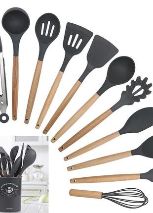 Набір кухонного приладдя із силікону та дерева 12 предметів kitchen set з підставкою чорний8 фото