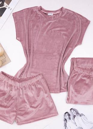 Плюшевый комплект тройка. плюшевая пижама футболка штаны шорты. пижама тройка из плюша