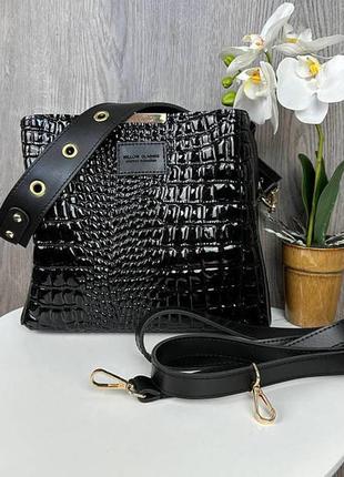Женская сумка черная через плечо под рептилию, небольшая женская сумочка змеина1 фото