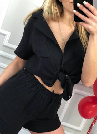 Пижама женская муслин шорті и рубашка чёрный8 фото