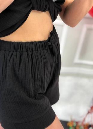 Пижама женская муслин шорті и рубашка чёрный6 фото