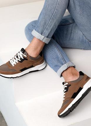 Стильные коричневые мужские кроссовки кожаные, весенние-осенние,деми,осень-весна,нубук, лодочкая обувь5 фото