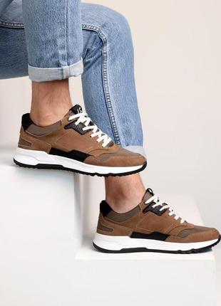 Стильные коричневые мужские кроссовки кожаные, весенние-осенние,деми,осень-весна,нубук, лодочкая обувь
