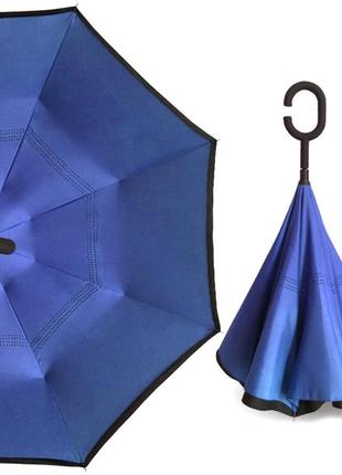 Умный зонт up-brella тёмно-синий зонт-наоборот трость механический с двойным куполом ku-221 фото