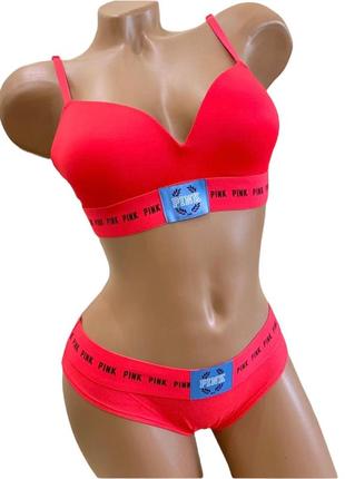 Комплект белья pink victoria’s secret wireless push up bra cotton thong 75b красный