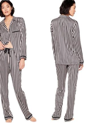 Сатиновая пижама victoria's secret satin long pajama set pink black striped m розовая в полоску