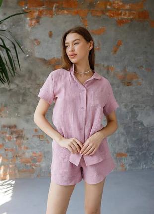 Пижама натуральная муслин комплект рубашка и шорты 22 цвета