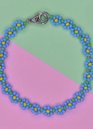 Цветочный голубой чокер ромашки цветы из бисера цветочки синий колье подвеска украшение2 фото