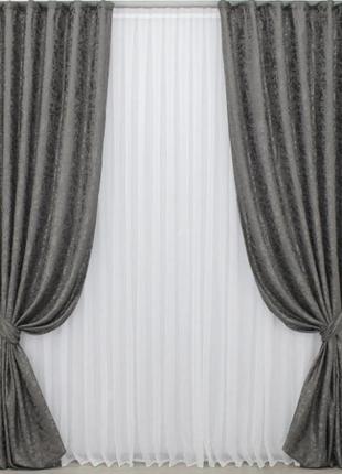 Стильні та якісні штори в вітальню льон  (2шт. 1,5х2,8м), колекція "pavliani". колір сіро-коричневий6 фото