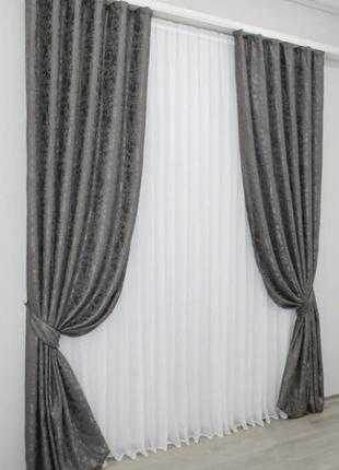 Стильні та якісні штори в вітальню льон  (2шт. 1,5х2,8м), колекція "pavliani". колір сіро-коричневий4 фото