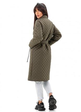 Пальто женское миди стеганое, утепленное, деми, демисезонное, осеннее, весеннее, хаки, черное6 фото