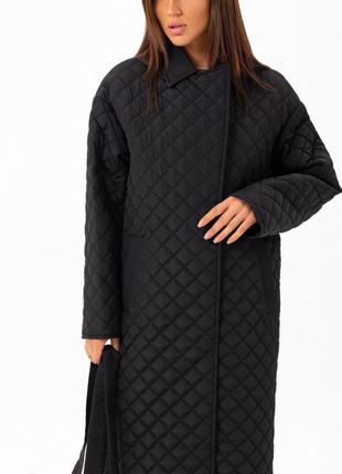 Пальто женское миди стеганое, утепленное, деми, демисезонное, осеннее, весеннее, черное5 фото