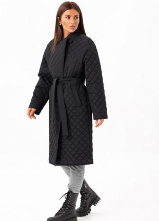 Пальто женское миди стеганое, утепленное, деми, демисезонное, осеннее, весеннее, черное6 фото