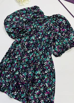 Платье с цветочным принтом, юбкой-клеш и короткими рукавами-баллонами lindex.натуральный состав ткани1 фото