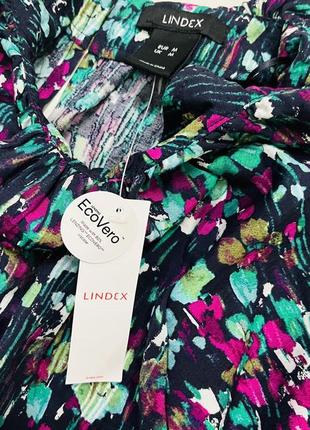 Платье с цветочным принтом, юбкой-клеш и короткими рукавами-баллонами lindex.натуральный состав ткани6 фото