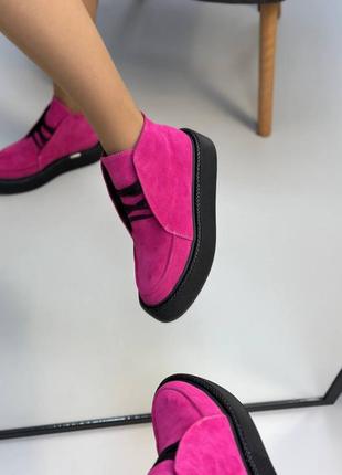 Розовые фуксия замшевые ботинки лоферы высокие3 фото