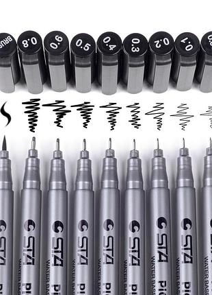 Лінери для малювання  9 шт, набір чорних капилярных ручок для скетч замальовок (gn.8050-9). ручки лайнери