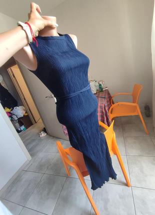 Платье длинное в рубчик синее в обтяжку5 фото