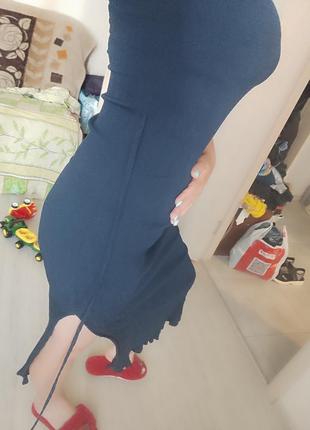 Платье длинное в рубчик синее в обтяжку4 фото