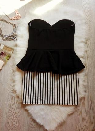 Черное белое в полоску платье с баской бюстье мини нарядное стиляги 80-х вечернее чашками5 фото