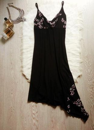 Черное длинное асимметричное дизайнерское платье на бретелях цветочный принт в пол