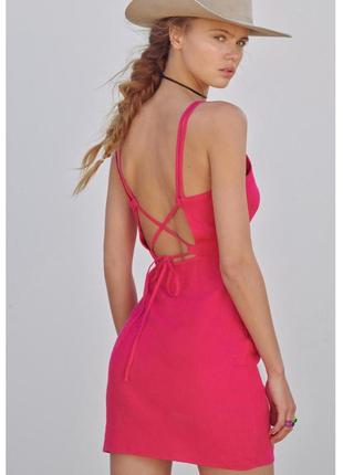 Zara morocco лен льняное цвета фуксия малинового  на брительках с открытой спиной мини платьице оригинал