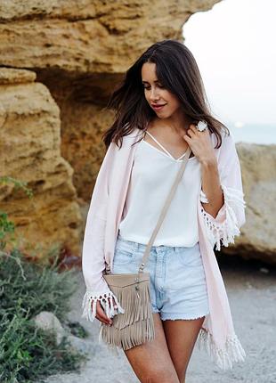 Сумка бохо женская через на плечо кроссбоди бежевая кожаная стильная ручная работа