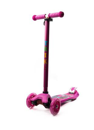 Самокат дитячий триколісний itrike maxi jr 3-055-p пу колеса з підсвічуванням, кермо 79-88см, рожевий з малюнком4 фото