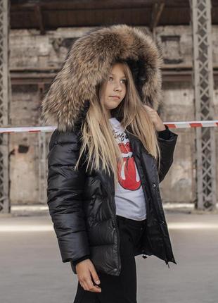 Дитяча зимова куртка з натуральної опушки чорного кольору на дівчинку 122 см