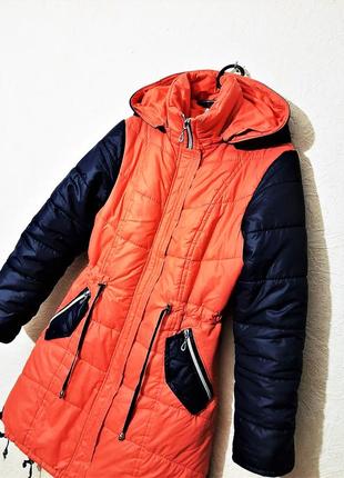 Тёплое пальто-парка демисезон-зима синее-кораловое с капюшоном стёганое на девочку 12-15лет