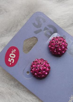 Рожеві круглі маленькі сережки сережки з блискучими каменями стразами гвоздики2 фото