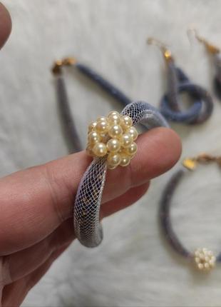 Комплект біжутерії кольє браслет сережки бісером джгут перлів блискуче синє золоте8 фото