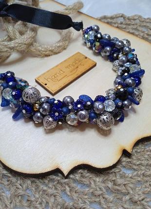 Колье - гроздь ожерелье бусы синие королева мечей объемное украшение на шею бижутерия ручная колье гроздь2 фото