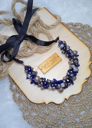 Колье - гроздь ожерелье бусы синие королева мечей объемное украшение на шею бижутерия ручная колье гроздь5 фото