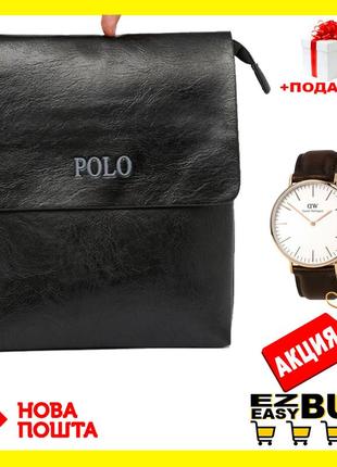 Мужская кожаная сумка через плечо polo videng leather сумка-планшет+часы в подарок polo leather