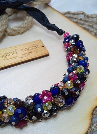 Колье - гроздь ожерелье бусы синие пентаклей объемное украшение на шею бижутерия...