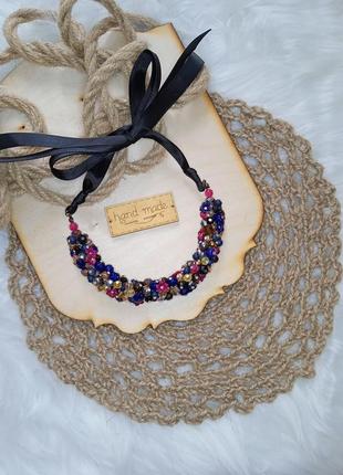 Колье - гроздь ожерелье бусы синие пентаклей объемное украшение на шею бижутерия...