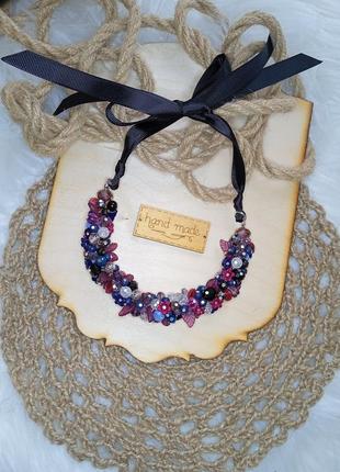 Колье -гроно ожерельясто бусы синие королева жезлов объемное украшение на шею бижутерия ручная колье гроздь5 фото
