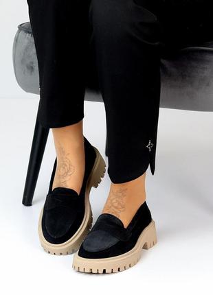 Модні стильні жіночі лофери натуральна замша чорні2 фото