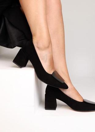 Женские туфли на каблуке натуральная замша черные классика