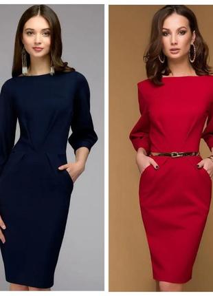 Модное красивое с карманами платье по колено рукав три четверти синее красное офисное женское меди 2тп1172 фото