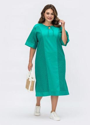 Свободное платье из прошвы изумрудное plus size  ⁇  70345